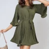 Khaki Carmen Pleated Tie Waist Mini Dress<IKRUSH Outlet