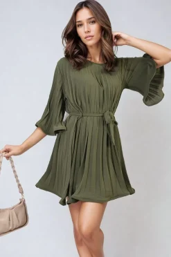 Khaki Carmen Pleated Tie Waist Mini Dress<IKRUSH Outlet