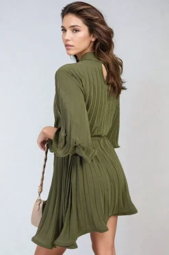 Khaki Carmen Pleated Tie Waist Mini Dress<IKRUSH Outlet