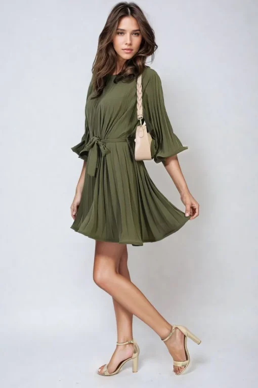Khaki Carmen Pleated Tie Waist Mini Dress<IKRUSH Outlet