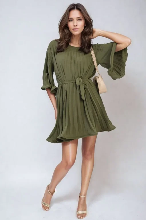 Khaki Carmen Pleated Tie Waist Mini Dress<IKRUSH Outlet