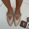Khaki Caryn Low Heel Double Buckle Eyelet Strap Pointed Flat Shoes<IKRUSH Online