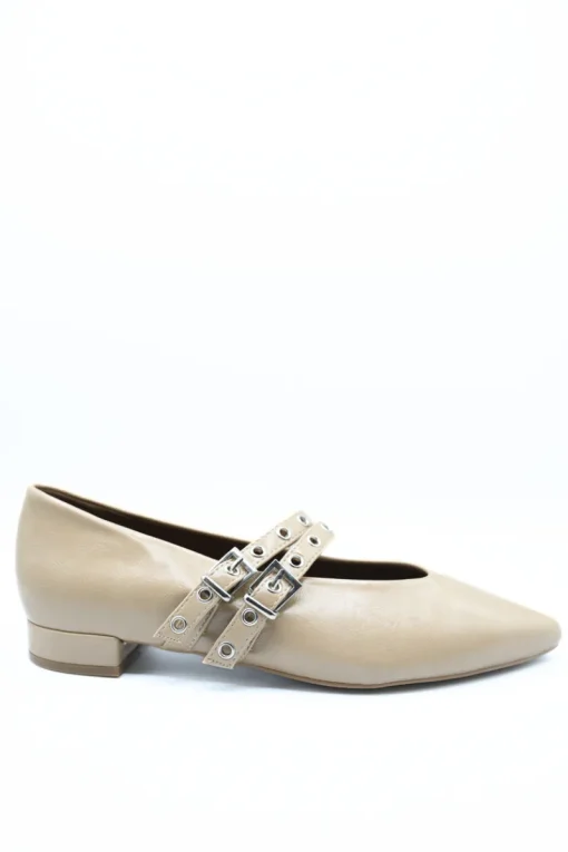 Khaki Caryn Low Heel Double Buckle Eyelet Strap Pointed Flat Shoes<IKRUSH Online