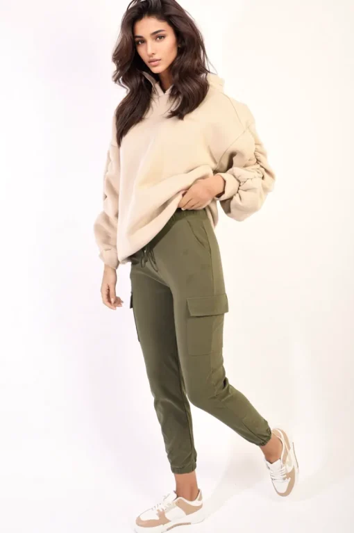 Khaki Eloisa Cargo Pocket Trouser with Drawstring<IKRUSH Hot