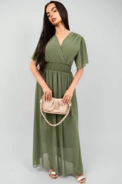 Khaki Elsie Smocked Waist V Neck Short Sleeve Flowy Maxi Dress<IKRUSH Best