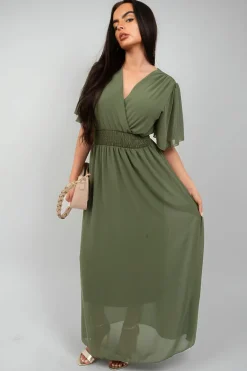 Khaki Elsie Smocked Waist V Neck Short Sleeve Flowy Maxi Dress<IKRUSH Best