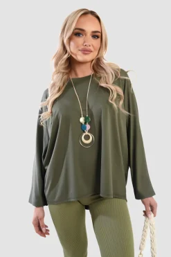 Khaki Emmy Casual Long Sleeve Loose Fit Top<IKRUSH Outlet