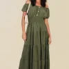 Khaki Emmy Smocked Waist Tiered Midi Dress<IKRUSH Discount