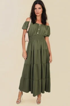 Khaki Emmy Smocked Waist Tiered Midi Dress<IKRUSH Discount