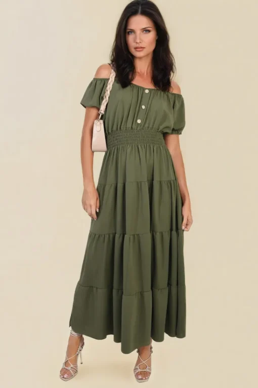 Khaki Emmy Smocked Waist Tiered Midi Dress<IKRUSH Discount