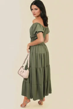 Khaki Emmy Smocked Waist Tiered Midi Dress<IKRUSH Discount