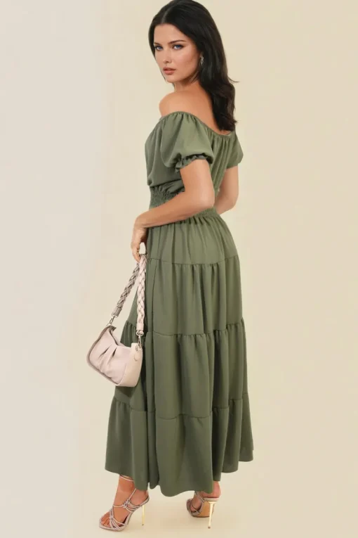 Khaki Emmy Smocked Waist Tiered Midi Dress<IKRUSH Discount