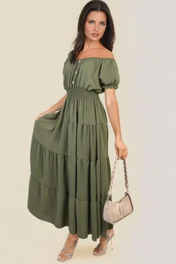 Khaki Emmy Smocked Waist Tiered Midi Dress<IKRUSH Discount