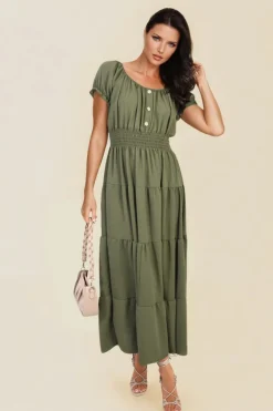 Khaki Emmy Smocked Waist Tiered Midi Dress<IKRUSH Discount