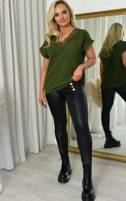 Khaki Evalyn V Neck Casual Tops<IKRUSH Clearance
