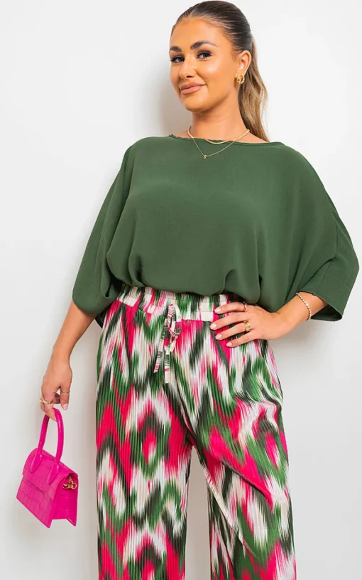 Khaki Fatima Oversized Batwing Sleeve Casual Tops<IKRUSH Sale