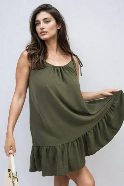 Khaki Faye Backless Tie-up Spaghetti Strap Frill Hem Mini Dress<IKRUSH Best