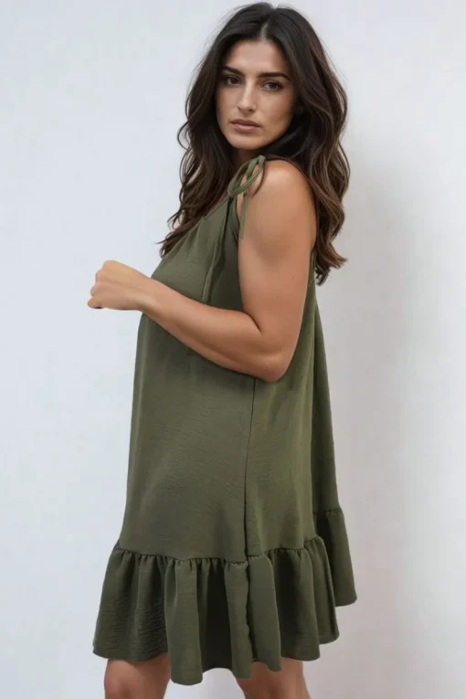 Khaki Faye Backless Tie-up Spaghetti Strap Frill Hem Mini Dress<IKRUSH Best