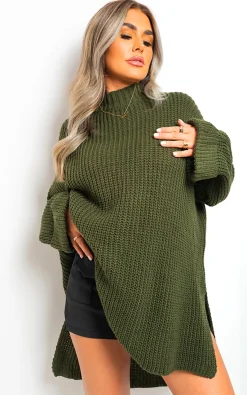 Khaki Faye High Neck Oversized Long Sleeve Knitted Jumper<IKRUSH Fashion