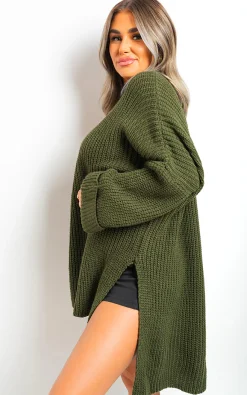 Khaki Faye High Neck Oversized Long Sleeve Knitted Jumper<IKRUSH Fashion