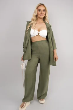Khaki Jade Button Down Long Sleeve Shirt and Wide Leg Trousers Co-ord Set<IKRUSH New