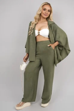Khaki Jade Button Down Long Sleeve Shirt and Wide Leg Trousers Co-ord Set<IKRUSH New