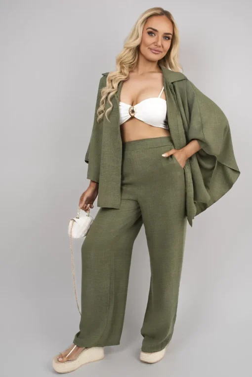 Khaki Jade Button Down Long Sleeve Shirt and Wide Leg Trousers Co-ord Set<IKRUSH New