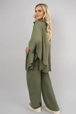 Khaki Jade Button Down Long Sleeve Shirt and Wide Leg Trousers Co-ord Set<IKRUSH New