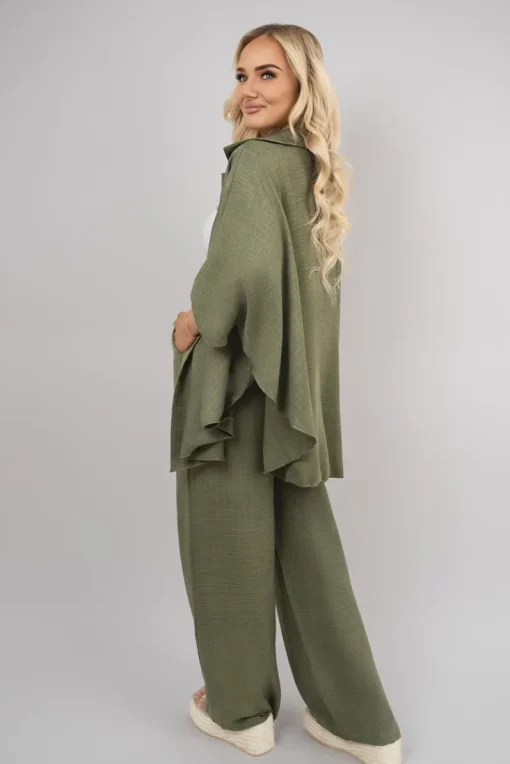 Khaki Jade Button Down Long Sleeve Shirt and Wide Leg Trousers Co-ord Set<IKRUSH New