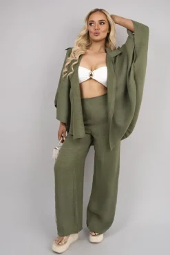 Khaki Jade Button Down Long Sleeve Shirt and Wide Leg Trousers Co-ord Set<IKRUSH New