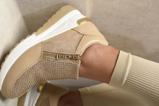 Khaki Judith Rhinestone Decor Zip Platform Trainers<IKRUSH Outlet