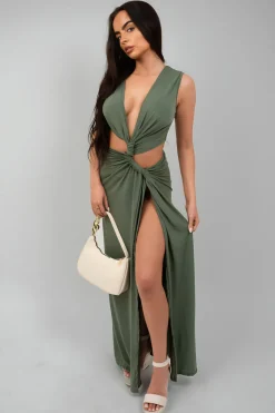 Khaki Lea Twist Detail Plunge Split Leg Cut Out Maxi Dress<IKRUSH Clearance