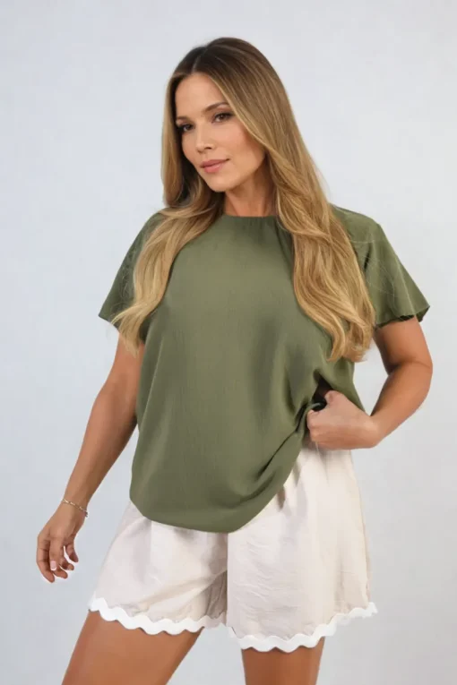 Khaki Leilani Ruffle Short Sleeve Top<IKRUSH Fashion