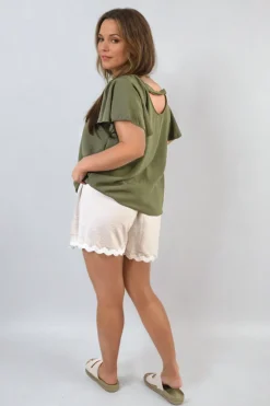 Khaki Leilani Ruffle Short Sleeve Top<IKRUSH Fashion