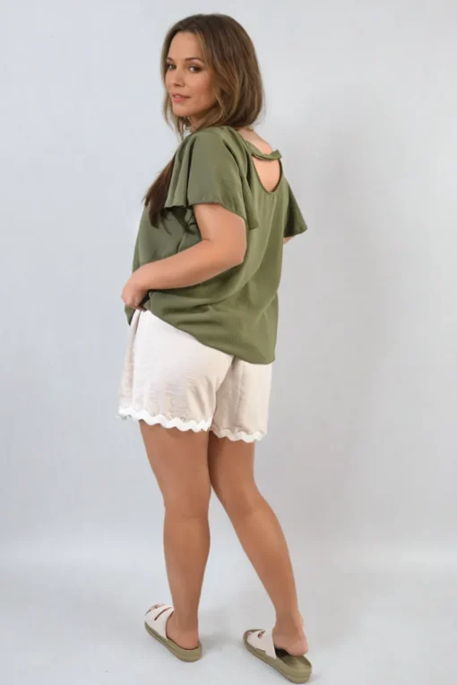 Khaki Leilani Ruffle Short Sleeve Top<IKRUSH Fashion