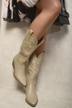 Khaki Lucille High Pointed Toe Embroidered Thick Heel Cowboy Boots<IKRUSH Outlet