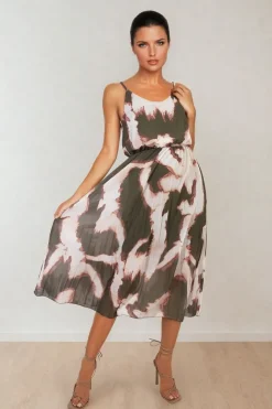 Khaki Lucy Printed Strappy Pleated Midi Dress<IKRUSH Best