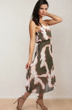Khaki Lucy Printed Strappy Pleated Midi Dress<IKRUSH Best