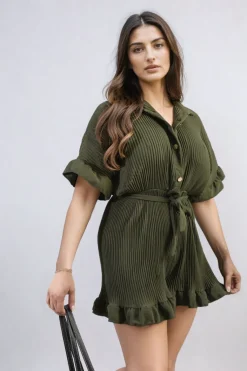 Khaki Marissa Pleated Frill Ruffle Tie Waist Playsuit<IKRUSH Outlet
