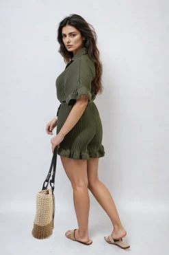 Khaki Marissa Pleated Frill Ruffle Tie Waist Playsuit<IKRUSH Outlet