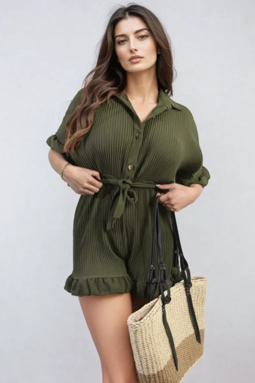 Khaki Marissa Pleated Frill Ruffle Tie Waist Playsuit<IKRUSH Outlet