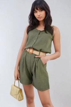 Khaki Rebecca Belted High Waist Shorts<IKRUSH Sale