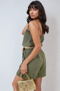 Khaki Rebecca Belted High Waist Shorts<IKRUSH Sale