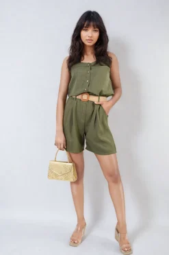Khaki Rebecca Belted High Waist Shorts<IKRUSH Sale
