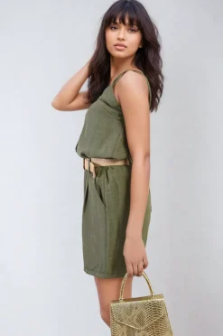 Khaki Rebecca Belted High Waist Shorts<IKRUSH Sale