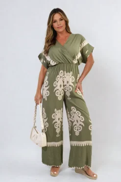 Khaki Romina Printed Cross Front Wide Leg Jumpsuit<IKRUSH Online