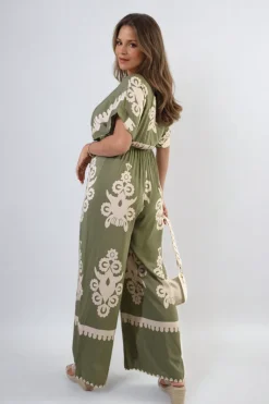 Khaki Romina Printed Cross Front Wide Leg Jumpsuit<IKRUSH Online