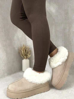 Khaki Shella Faux Fur Trim Platform Ankle Boots<IKRUSH Fashion