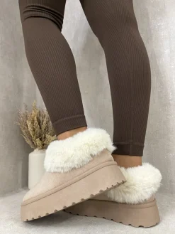 Khaki Shella Faux Fur Trim Platform Ankle Boots<IKRUSH Fashion