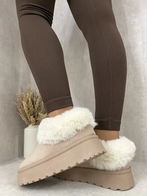 Khaki Shella Faux Fur Trim Platform Ankle Boots<IKRUSH Fashion